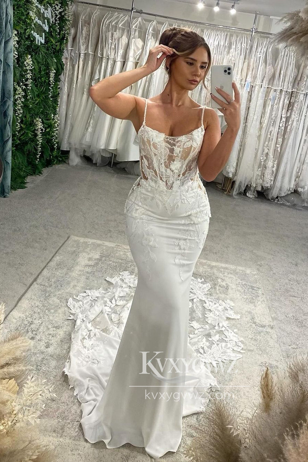 Graceful Mermaid V Neck Elastic Satin Long Wedding Dresses Gown with Appliques HS705