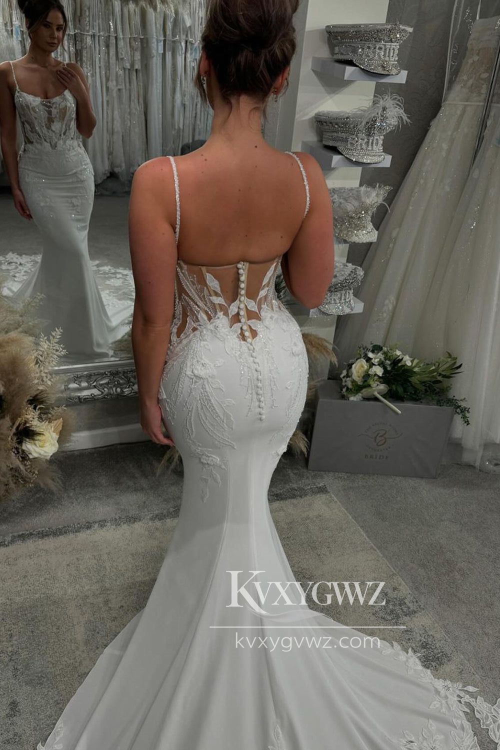 Graceful Mermaid V Neck Elastic Satin Long Wedding Dresses Gown with Appliques HS705
