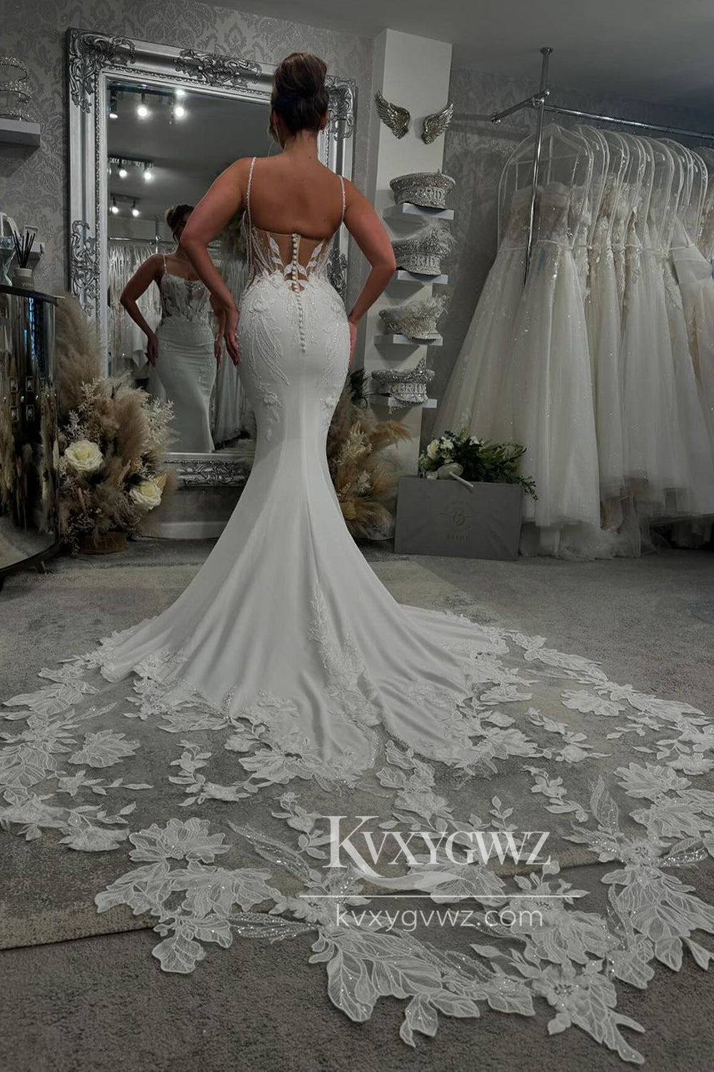 Graceful Mermaid V Neck Elastic Satin Long Wedding Dresses Gown with Appliques HS705