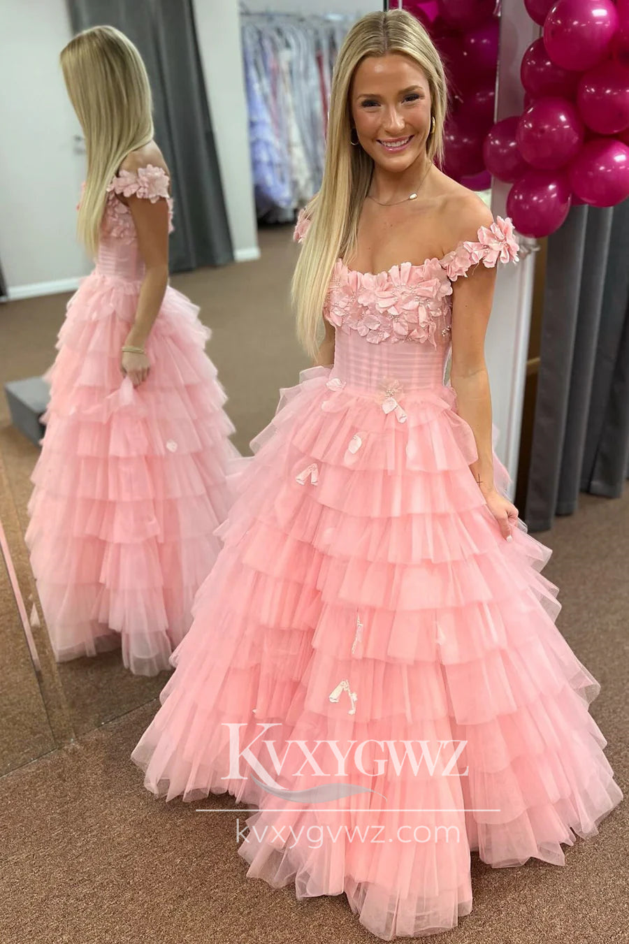 Stunning A Line Off the Shoulder Evening Gown Tiered Tulle Long Prom Dress with Appliques LF706