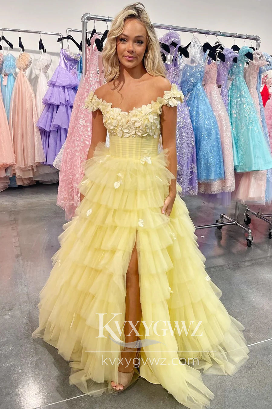 Stunning A Line Off the Shoulder Evening Gown Tiered Tulle Long Prom Dress with Appliques LF706