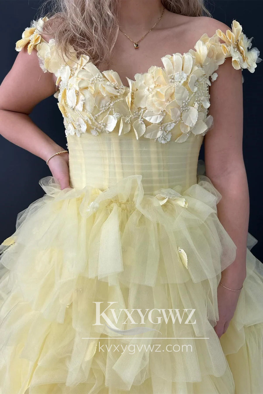 Stunning A Line Off the Shoulder Evening Gown Tiered Tulle Long Prom Dress with Appliques LF706