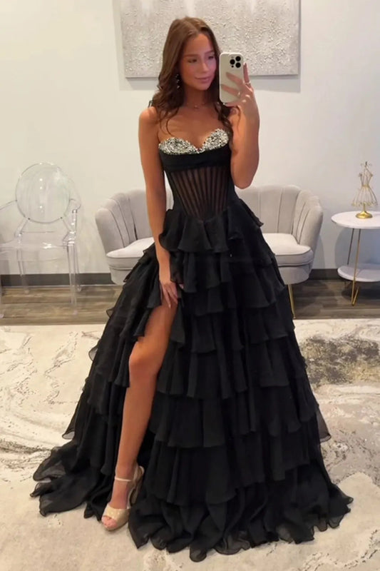 Black A Line Corset Ruffle Tiered Long Prom Dress Gown with Beadings LF1311
