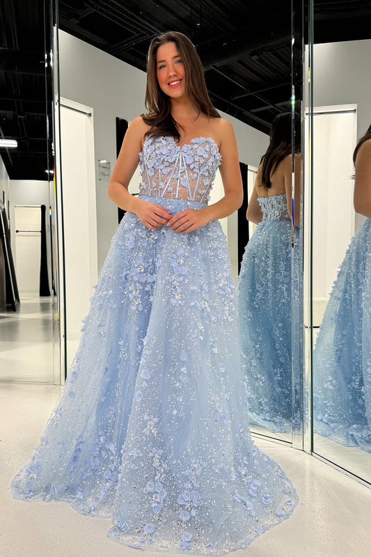 A-Line Strapless Light Blue Sequins Long Prom Dress Gown with 3D Flower Appliques LF1388