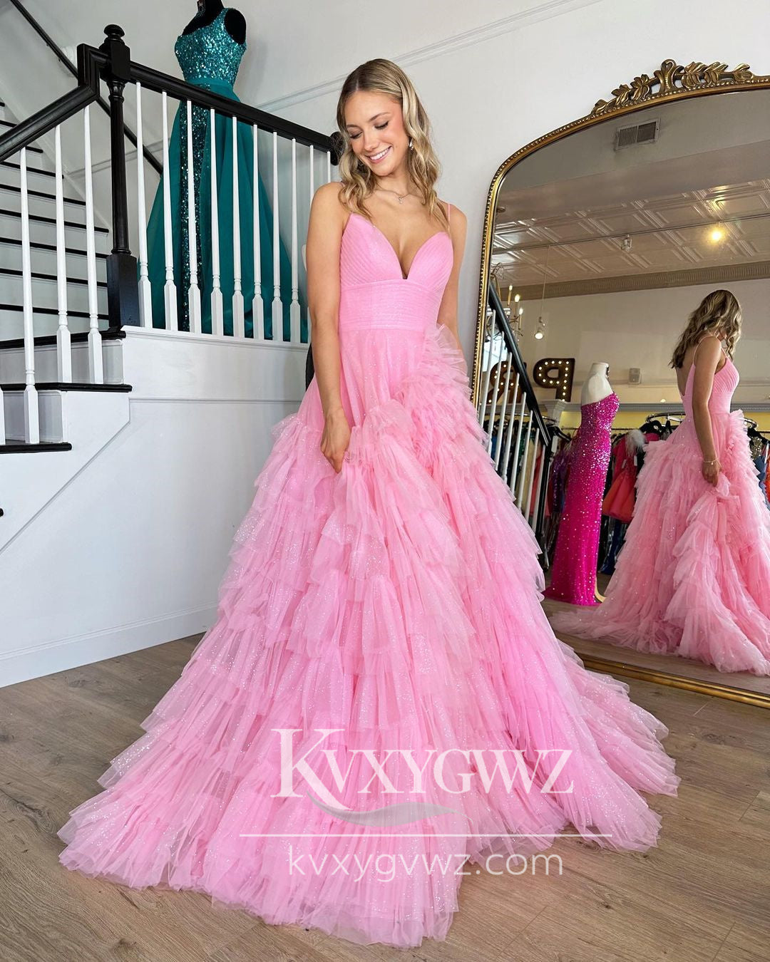 Stunning A Line V Neck Evening Gown Pink Tulle Long Prom Dress LF707
