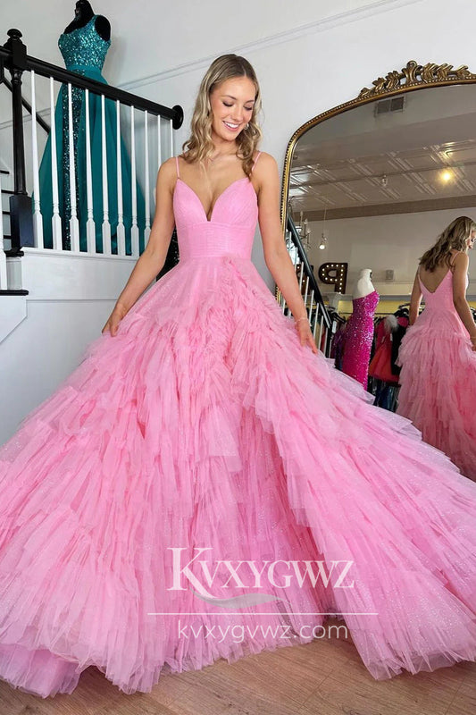 Stunning A Line V Neck Evening Gown Pink Tulle Long Prom Dress LF707