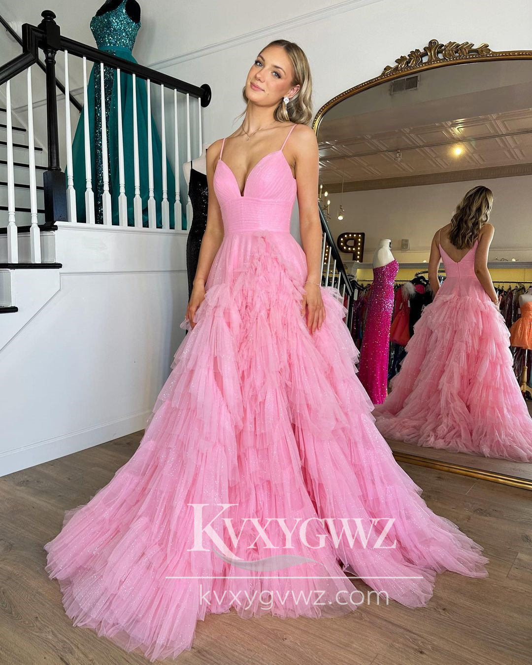 Stunning A Line V Neck Evening Gown Pink Tulle Long Prom Dress LF707