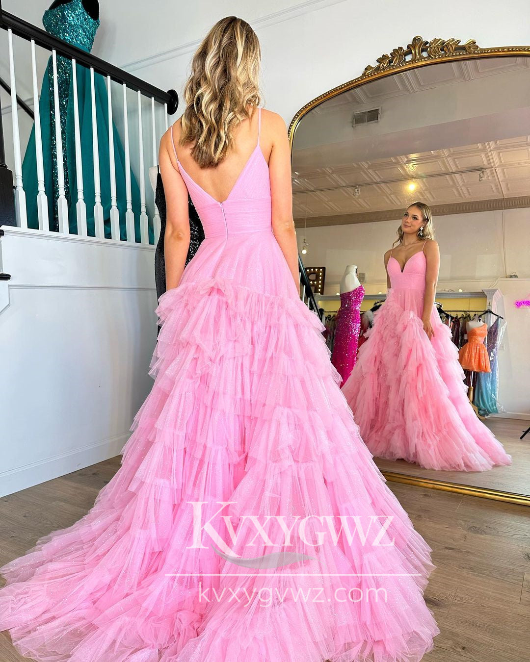 Stunning A Line V Neck Evening Gown Pink Tulle Long Prom Dress LF707