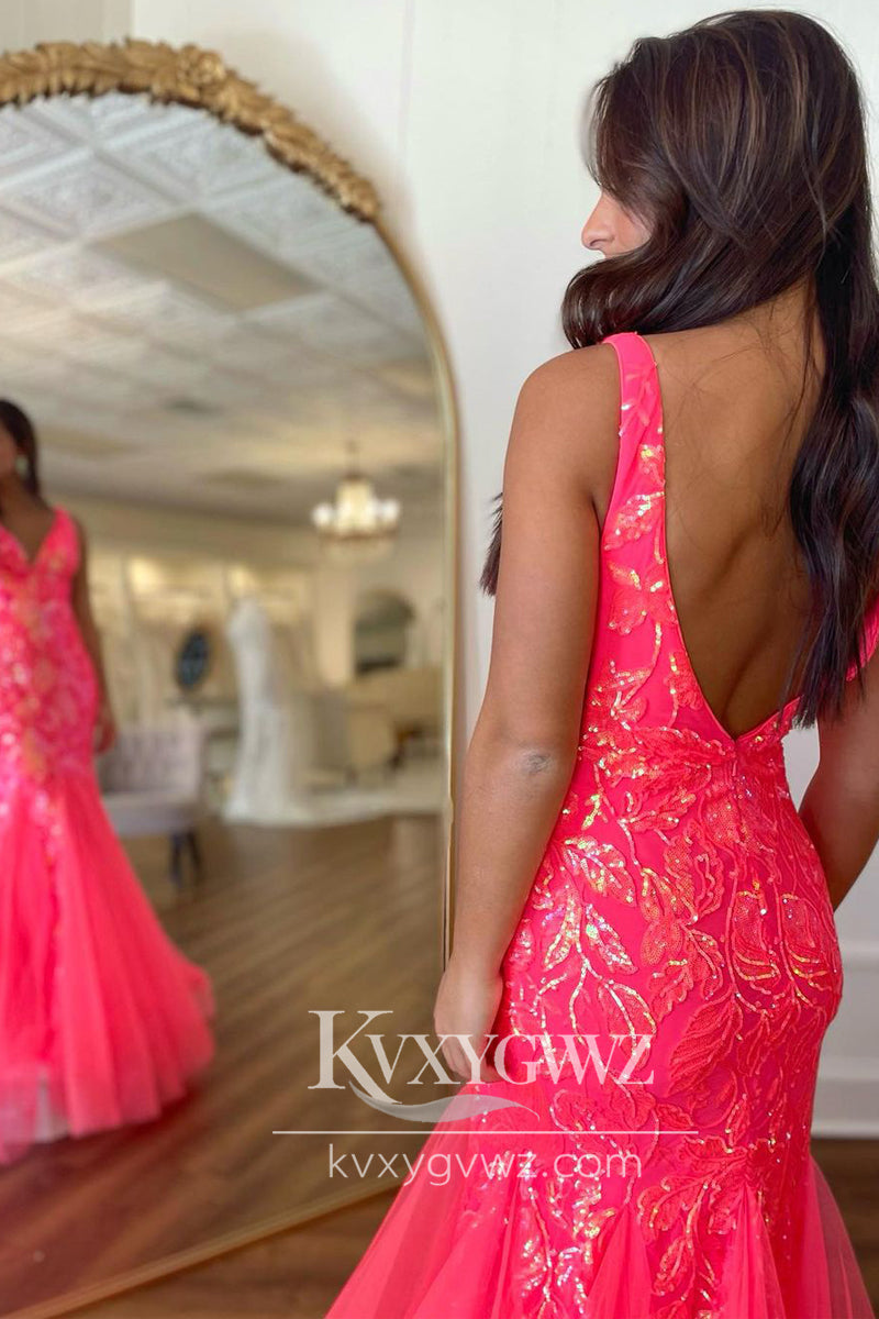 Charming Mermaid Fuchisa Evening Gown V Neck Sequin Lace Long Prom Dress LF708