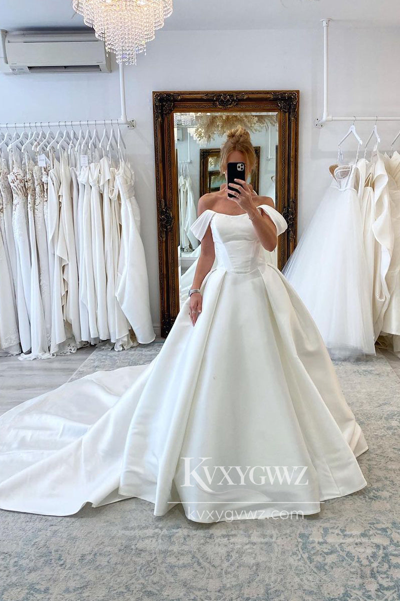 Graceful A-Line Off the Shoulder White Satin Wedding Dresses Gown With Sweep Train HS708
