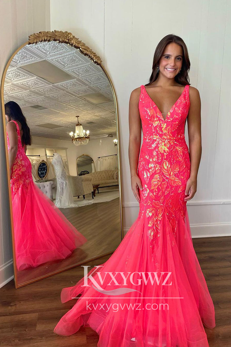Charming Mermaid Fuchisa Evening Gown V Neck Sequin Lace Long Prom Dress LF708