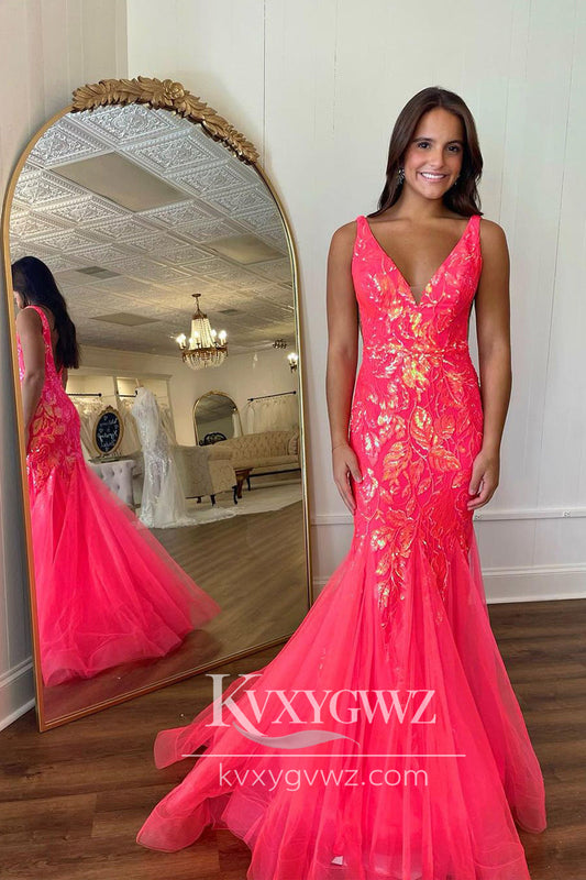 Charming Mermaid Fuchisa Evening Gown V Neck Sequin Lace Long Prom Dress LF708