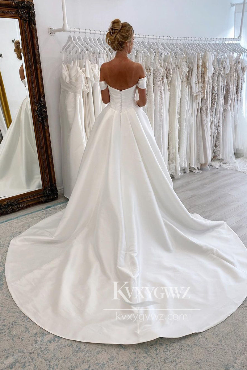 Graceful A-Line Off the Shoulder White Satin Wedding Dresses Gown With Sweep Train HS708