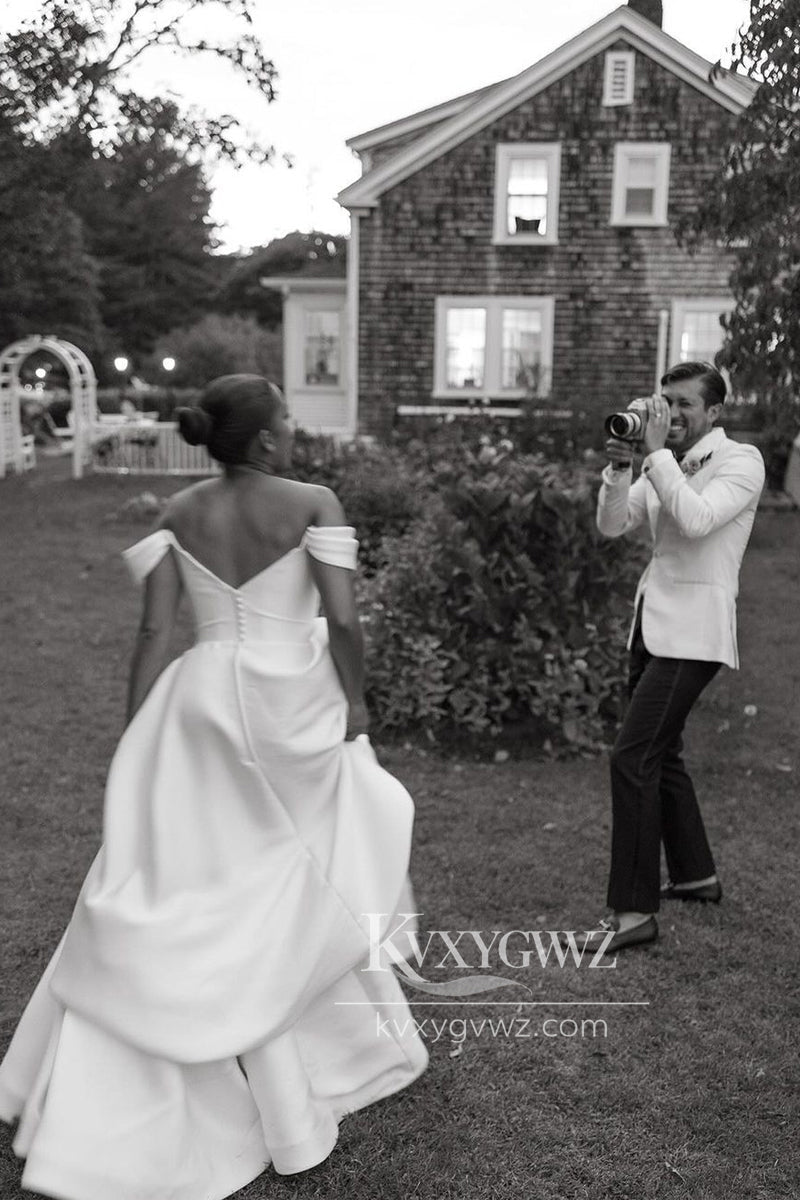 Graceful A-Line Off the Shoulder Satin Wedding Dresses Gown HS709