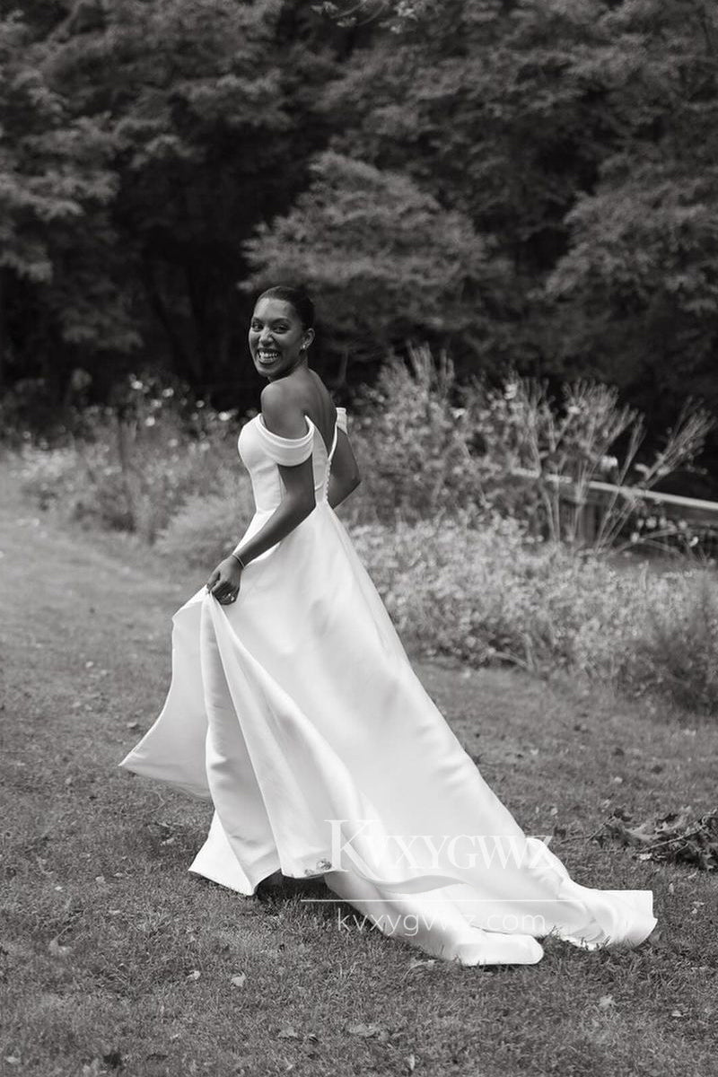 Graceful A-Line Off the Shoulder Satin Wedding Dresses Gown HS709