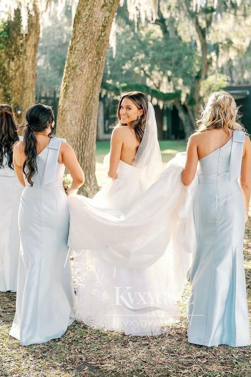 Graceful A-Line Strapless Satin Wedding Dresses Gown With Sweep Train HS710