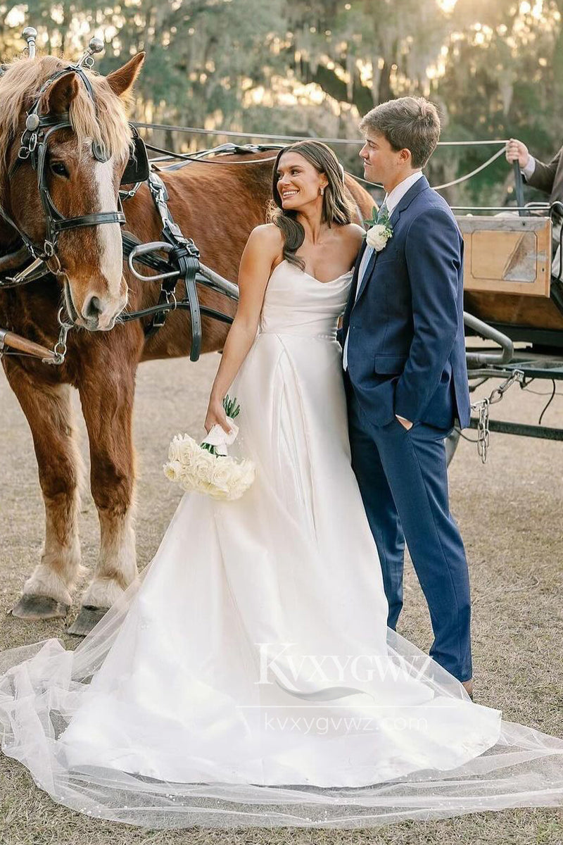Graceful A-Line Strapless Satin Wedding Dresses Gown With Sweep Train HS710