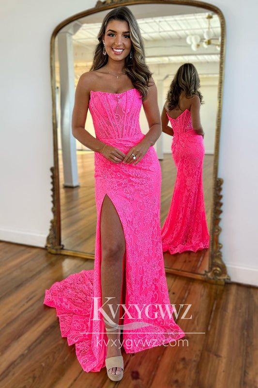 Charming Mermaid Evening Gown Scoop Neck Pink Lace Long Prom Dress with Slit LF710