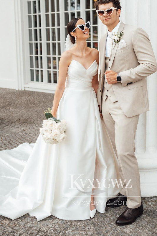 Graceful A-Line V-neck White Satin Wedding Dresses Gown With Slit HS711
