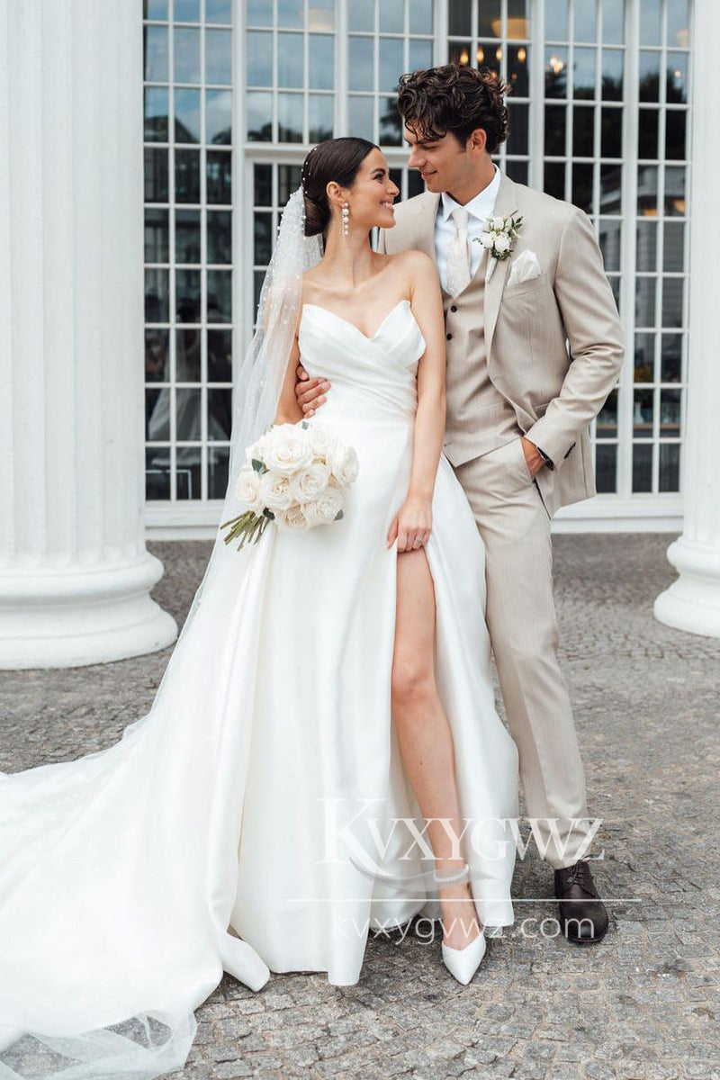 Graceful A-Line V-neck White Satin Wedding Dresses Gown With Slit HS711