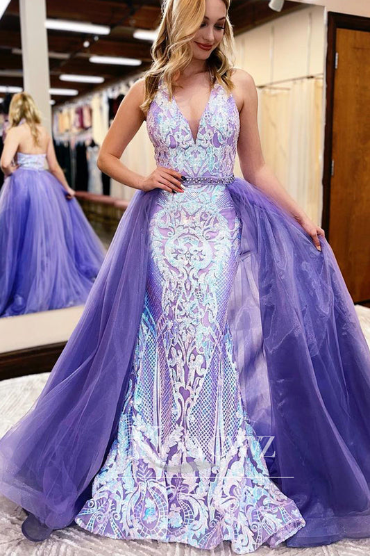 Charming Mermaid Halter Evening Gown Lavender Sequin Lace Long Prom Dress with Train LF712