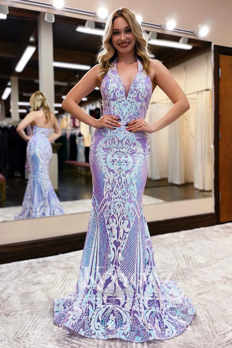 Charming Mermaid Halter Evening Gown Lavender Sequin Lace Long Prom Dress with Train LF712