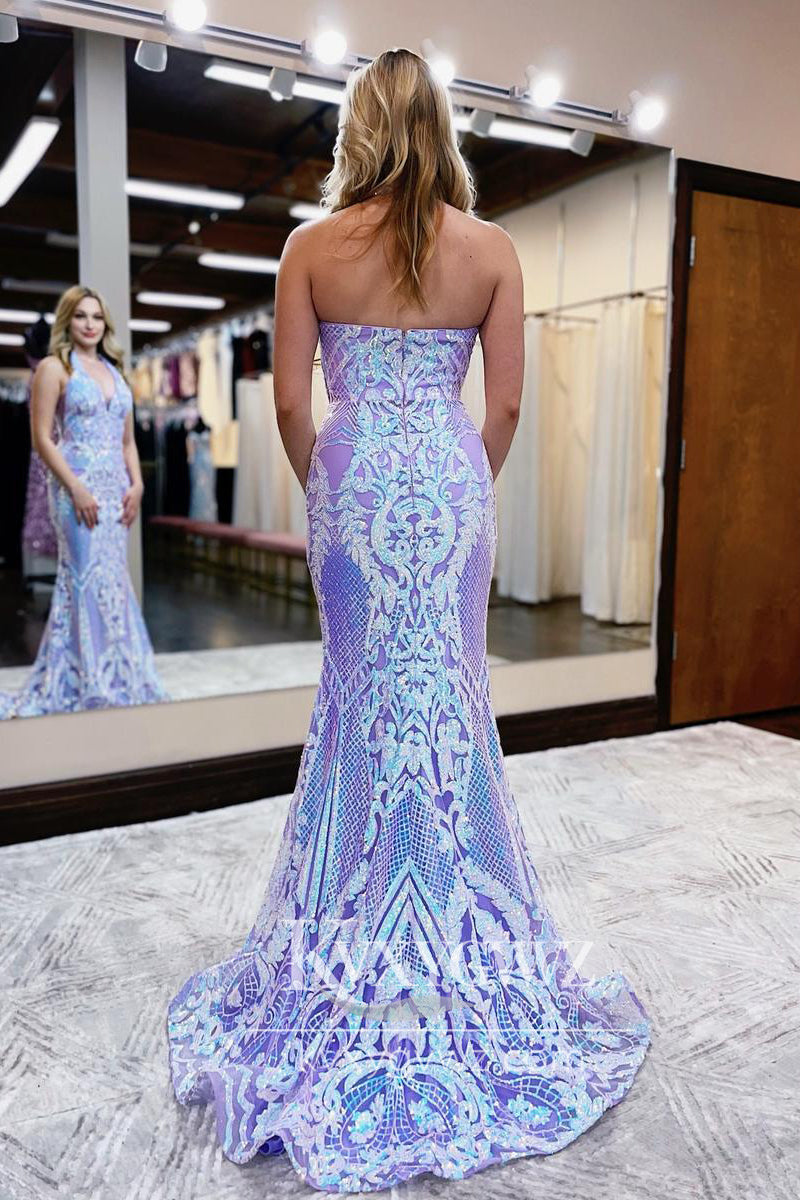 Charming Mermaid Halter Evening Gown Lavender Sequin Lace Long Prom Dress with Train LF712