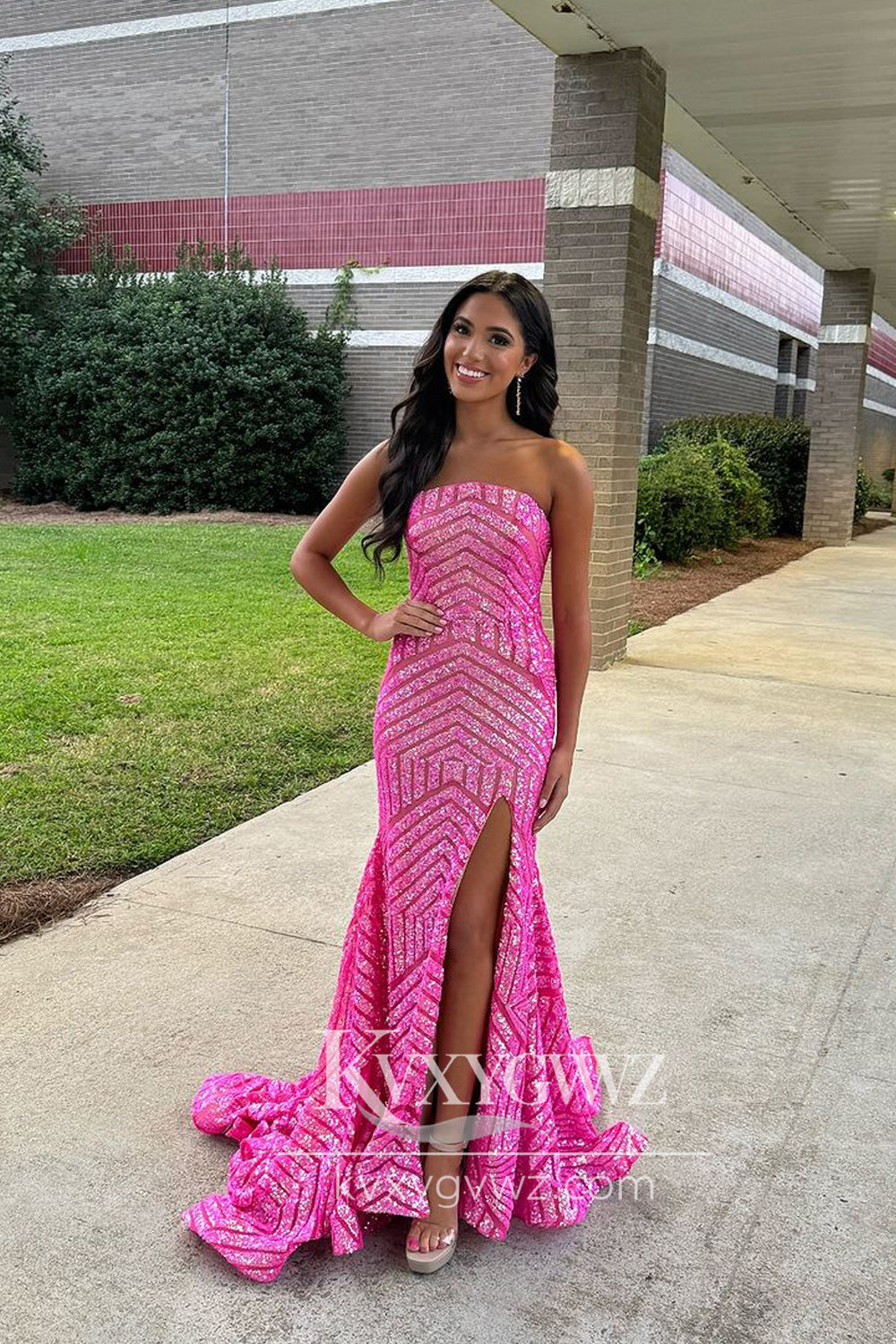 Charming Mermaid Evening Gown Hot Pink Sequins Mermaid Prom Dress LF713