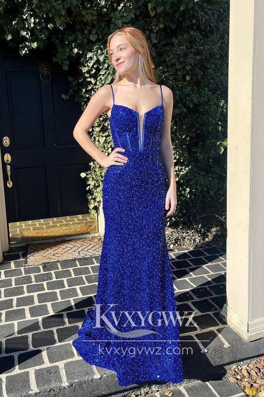 Stunning Mermaid Royal Blue Sequins Evening Gown Spaghetti Straps Long Prom Dress LF714