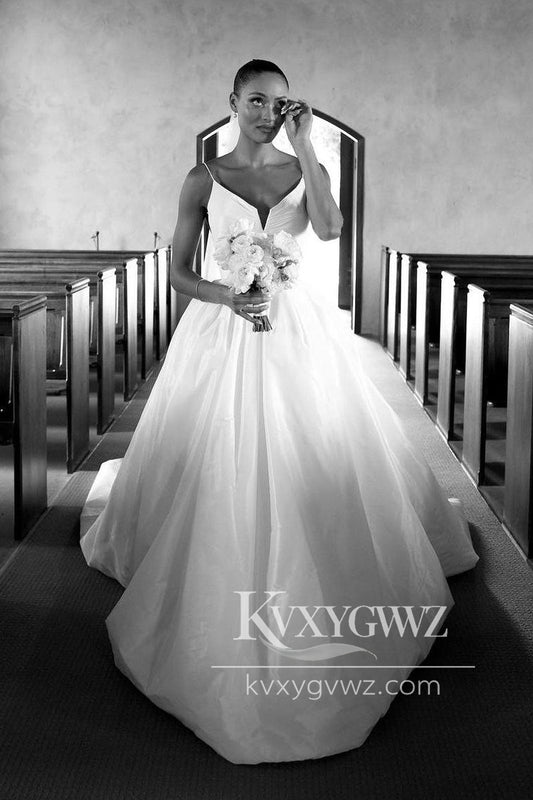 Spaghetti Strap Graceful A-Line V Neck Satin Wedding Dresses Gown With Slit HS714
