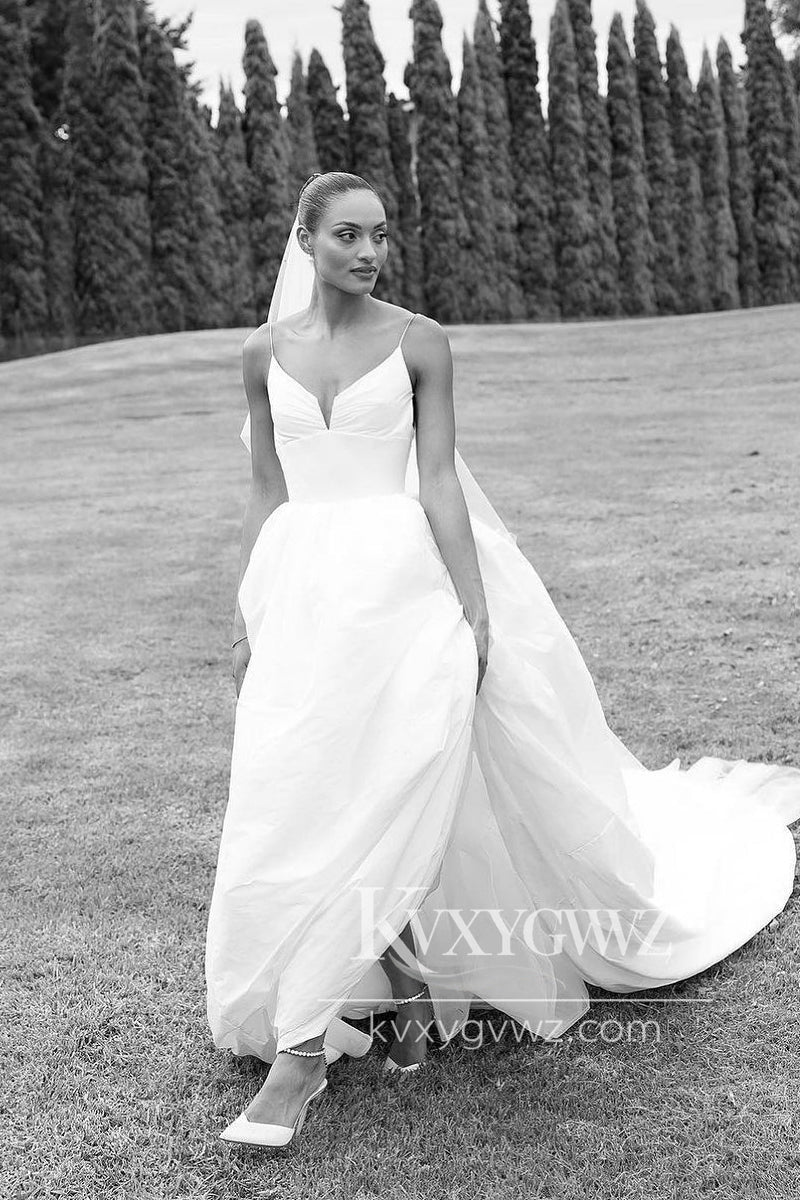 Spaghetti Strap Graceful A-Line V Neck Satin Wedding Dresses Gown With Slit HS714