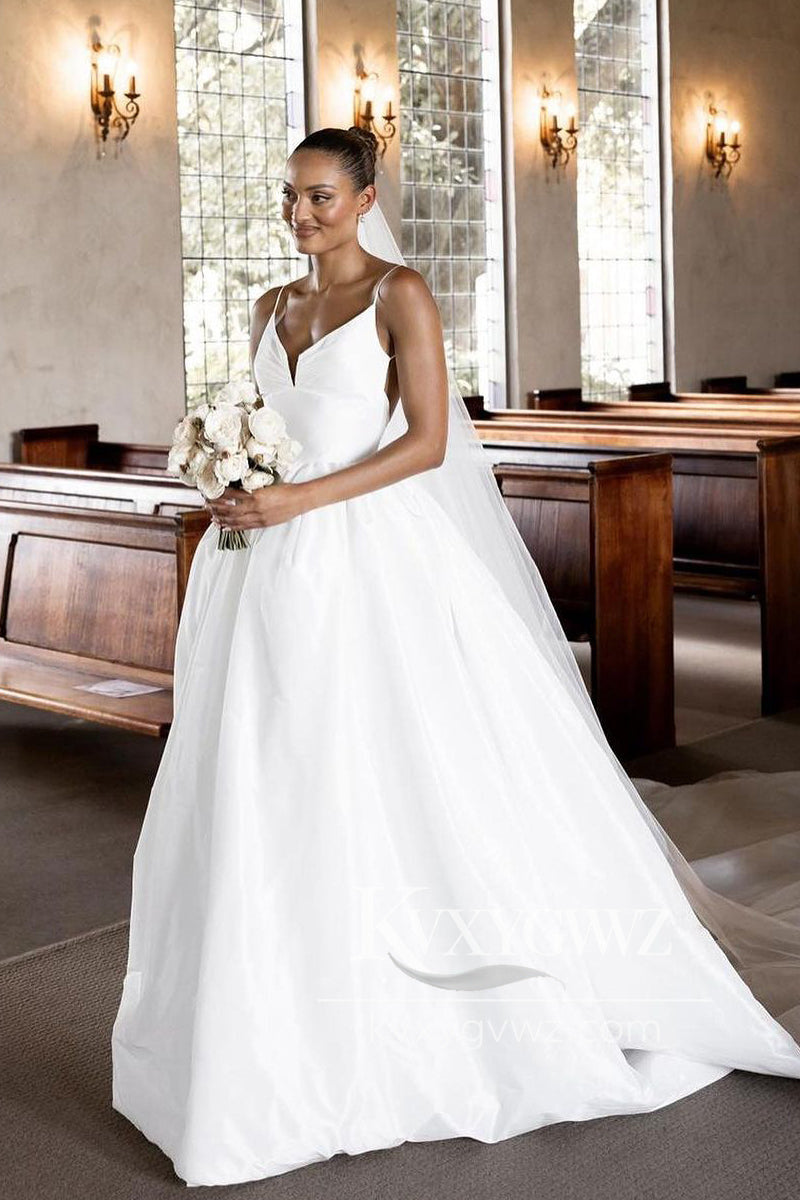 Spaghetti Strap Graceful A-Line V Neck Satin Wedding Dresses Gown With Slit HS714
