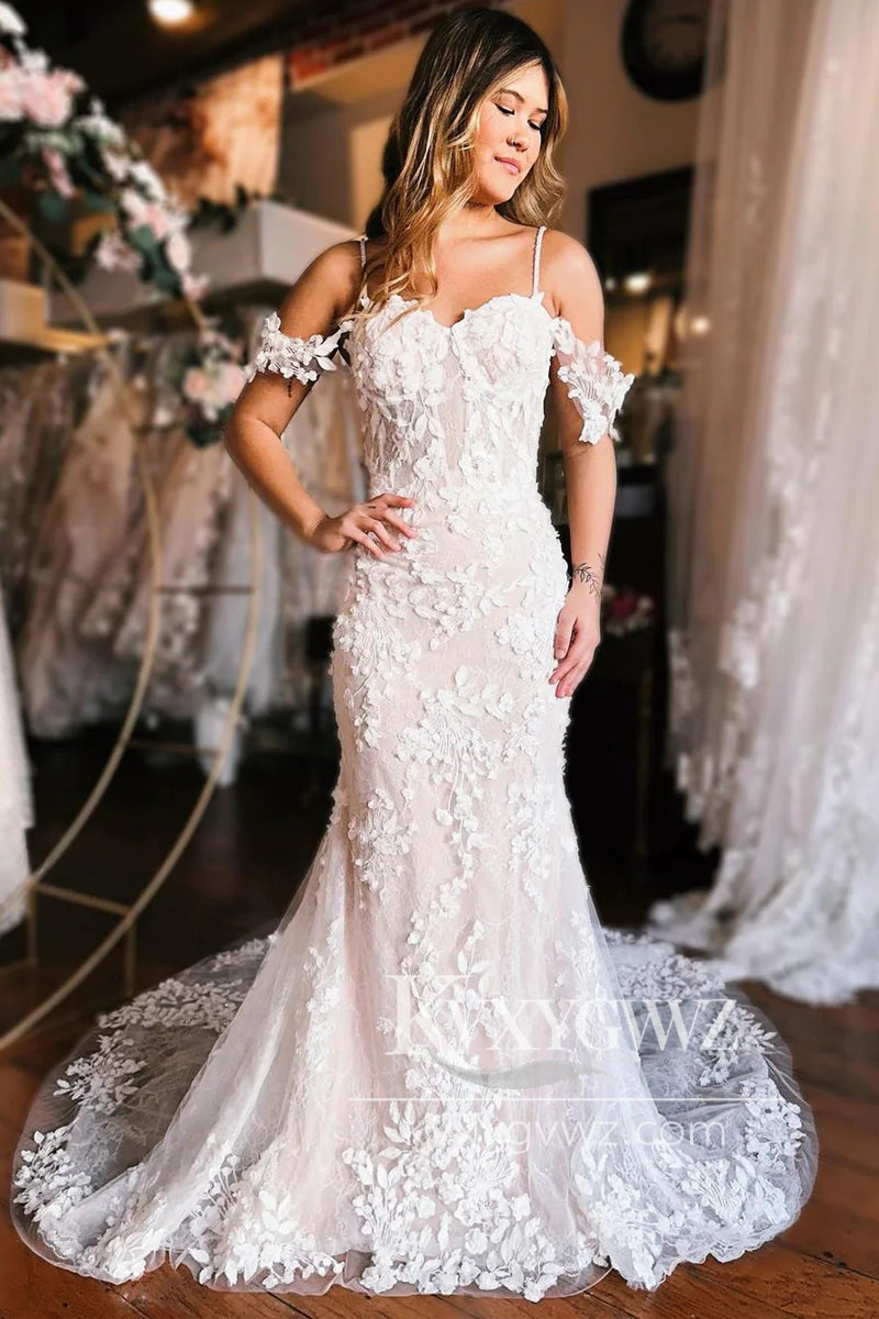 Graceful Mermaid Off the Shoulder Spaghetti Strap Lace Wedding Dresses Gown With Slit HS715