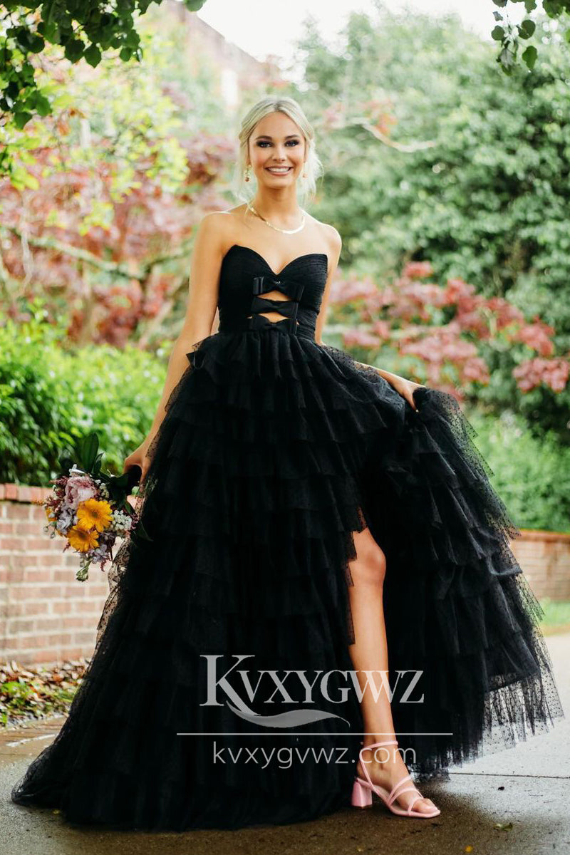 Stunning Ball Gown Black Evening Gown Sweetheart Tiered Tulle Long Prom Dress with Bows LF716