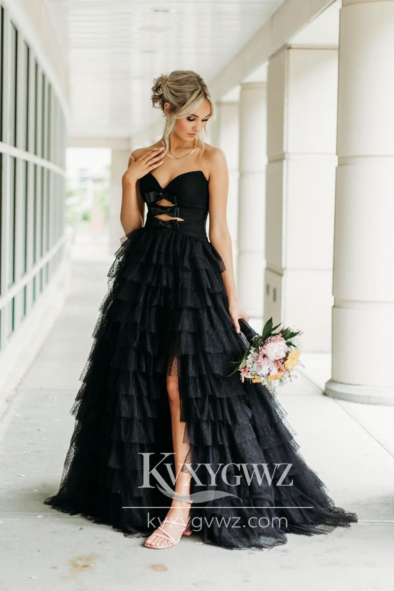 Stunning Ball Gown Black Evening Gown Sweetheart Tiered Tulle Long Prom Dress with Bows LF716