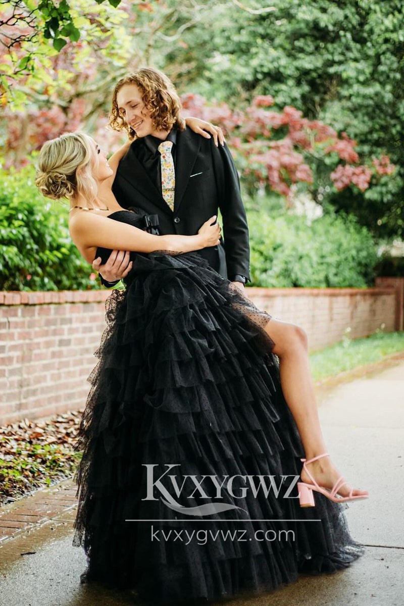 Stunning Ball Gown Black Evening Gown Sweetheart Tiered Tulle Long Prom Dress with Bows LF716