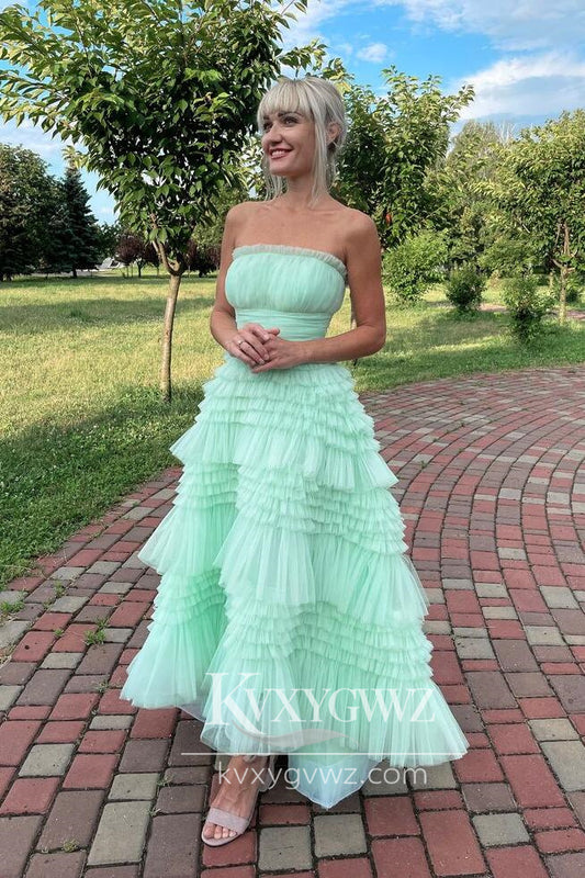 Stunning A Line Strapless Evening Gown Light Green Tulle Tiered Ruffles Prom Dress LF717