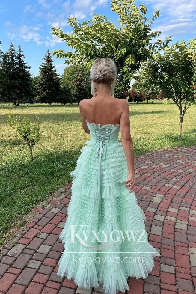 Stunning A Line Strapless Evening Gown Light Green Tulle Tiered Ruffles Prom Dress LF717