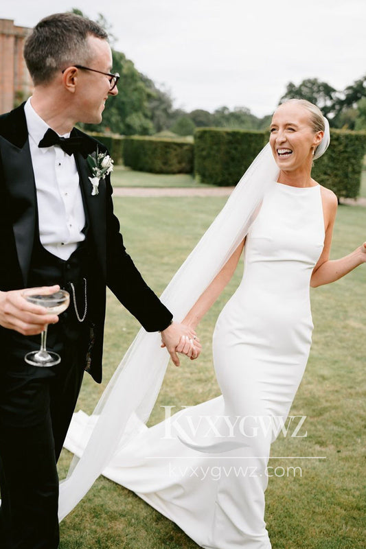 Graceful Mermaid Boat Neck Elastic Satin Long Wedding Dresses Gown With Slit HS717