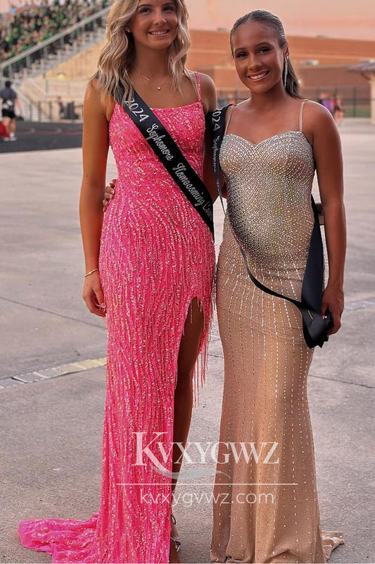 Charming Mermaid Scoop Neck Hot Pink Sequins Long Prom Dress Gown with Beading LF718