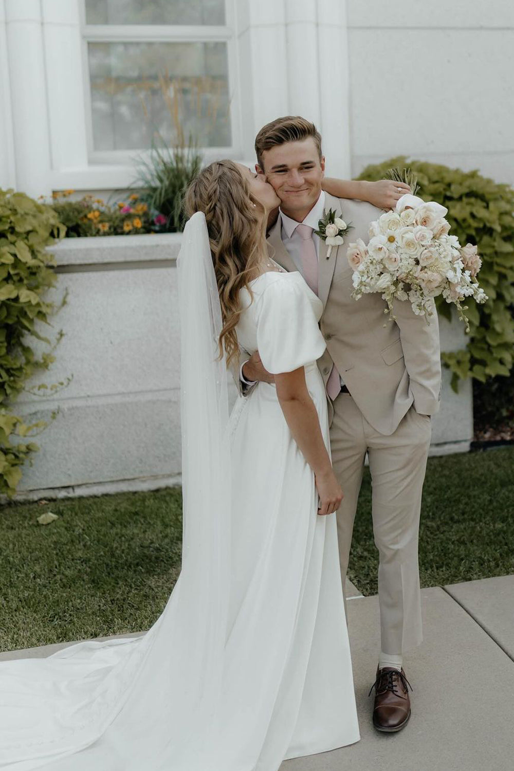 Graceful Simple A Line V Neck Satin Wedding Dresses Gown with Ruffled Sleeves HS983