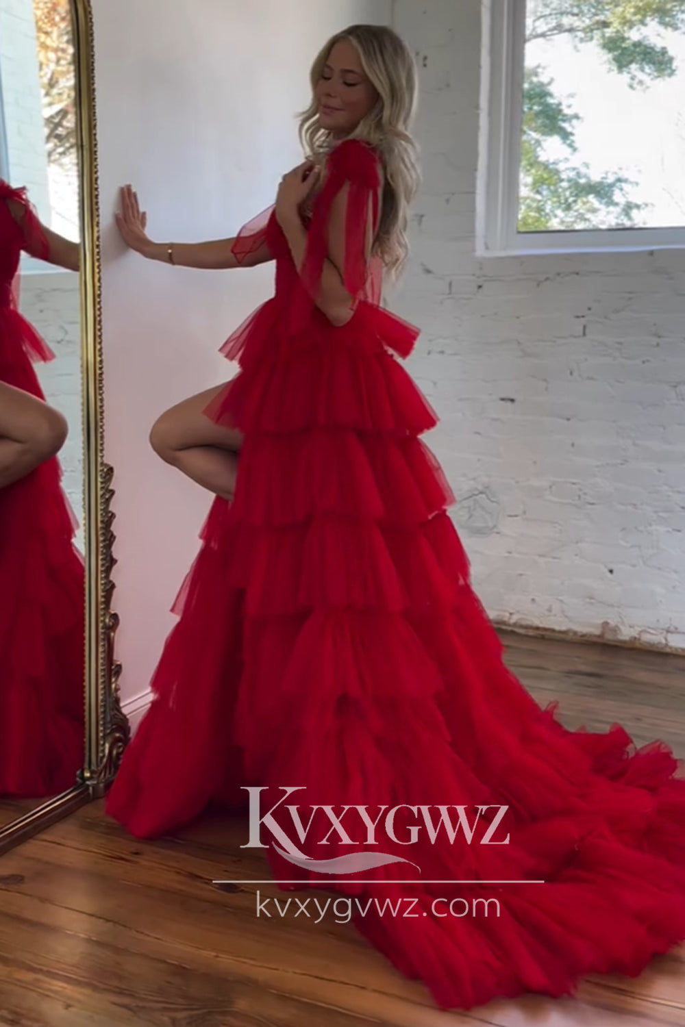 Stunning A Line V Neck Red Tiered Evening Gown Tulle Long Prom Dress with Slit LF719