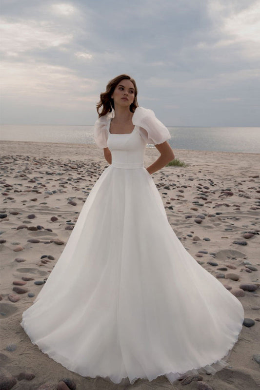 Glamorous A-Line Square Neck Puff Sleeves Wedding Dresses Gown with Train HS765