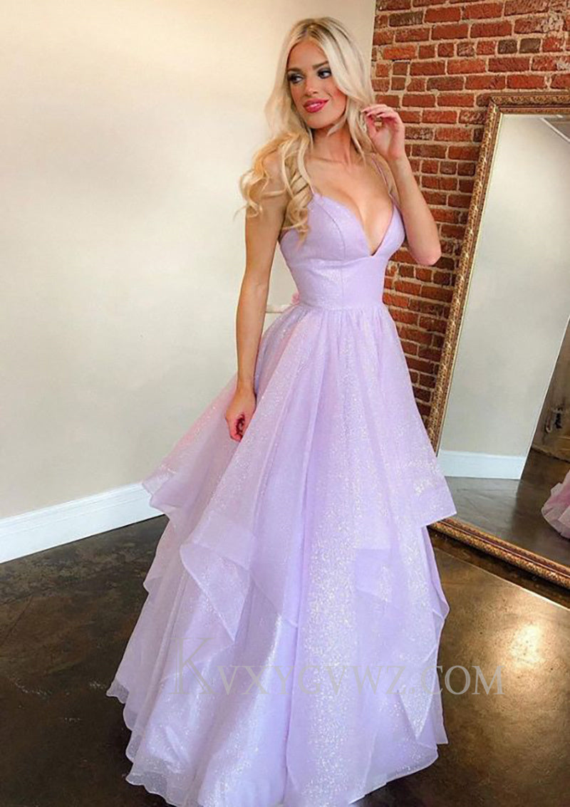Lilac A-Line Spaghetti Straps V-neck Tulle Long Prom Dress LF072