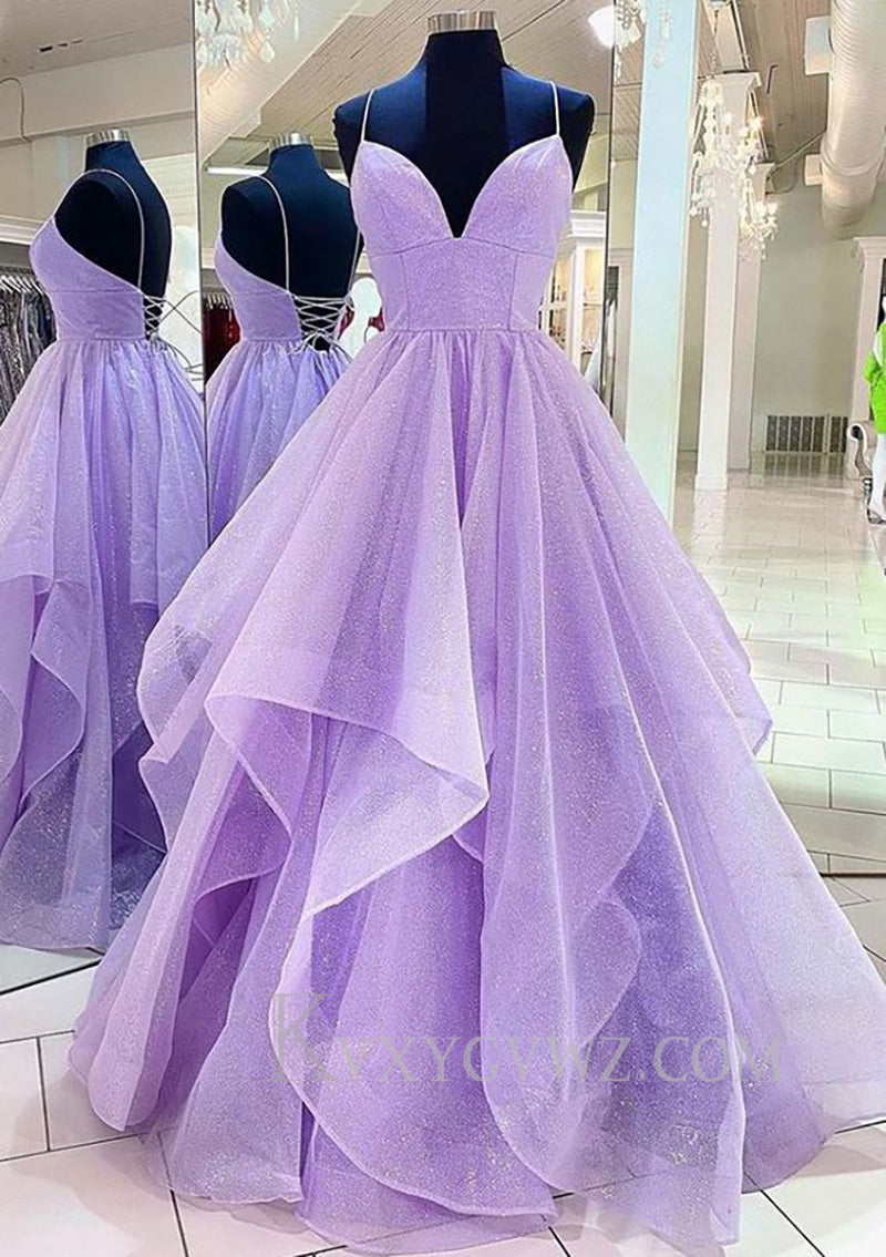 Lilac A-Line Spaghetti Straps V-neck Tulle Long Prom Dress LF072