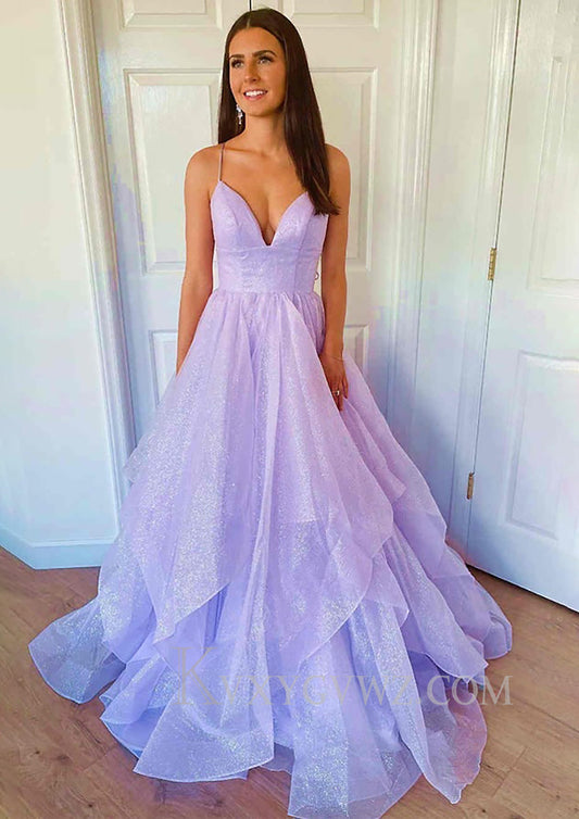 Lilac A-Line Spaghetti Straps V-neck Tulle Long Prom Dress LF072