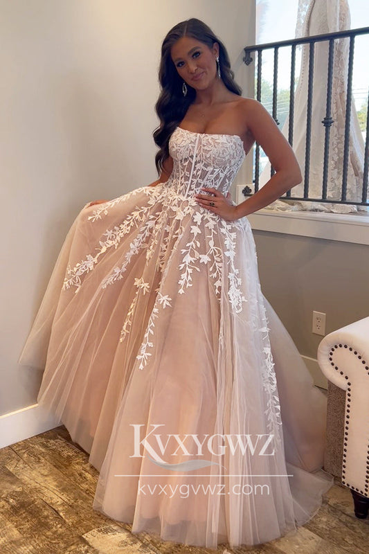 Champagne Tulle Evening Gown Strapless A-Line Long Prom Dress with Appliques LF720