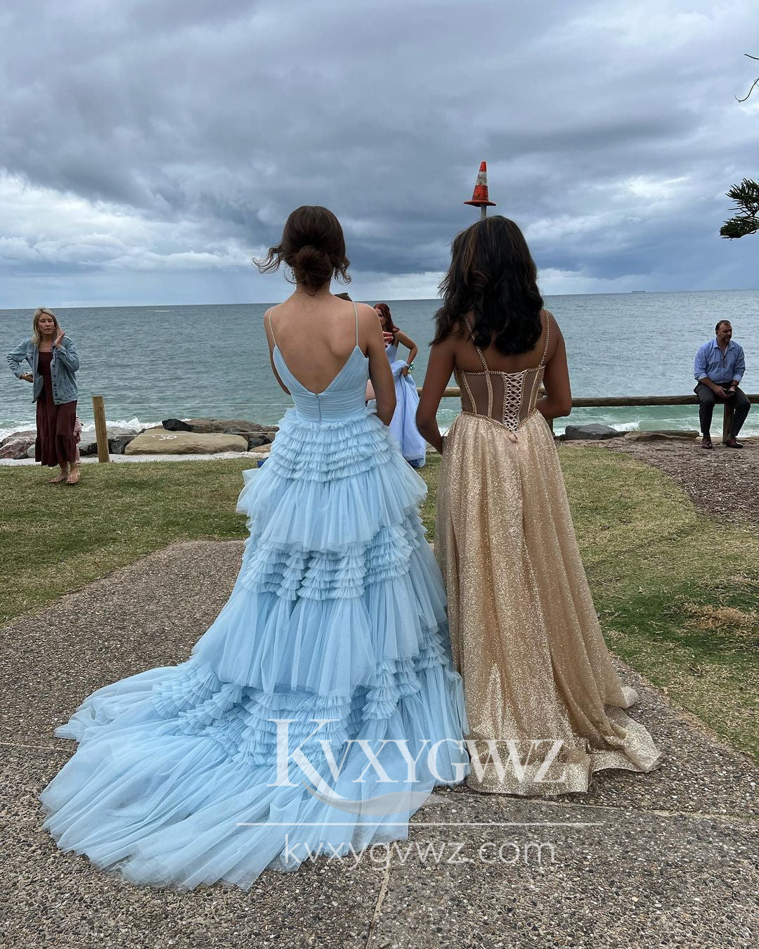 Stunning Ball Gown V Neck Evening Gown Light Blue Ruffle Tiered Tulle Prom Dress LF721