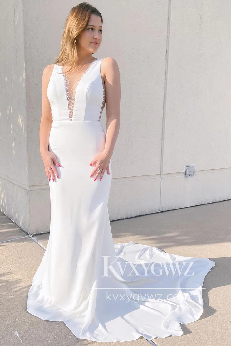 Graceful Mermaid Elastic Satin Long Wedding Dresses Gown with Beading HS721