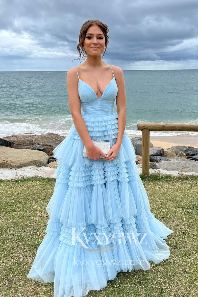 Stunning Ball Gown V Neck Evening Gown Light Blue Ruffle Tiered Tulle Prom Dress LF721